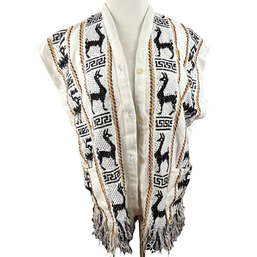 Vintage Artisan Made Alpaca Print Fringe Souvenir Vest M